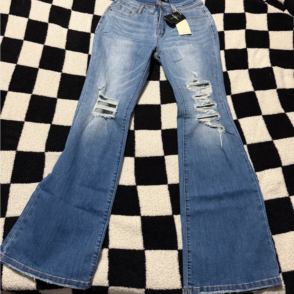 Stylish Distressed Blue Flare Jeans